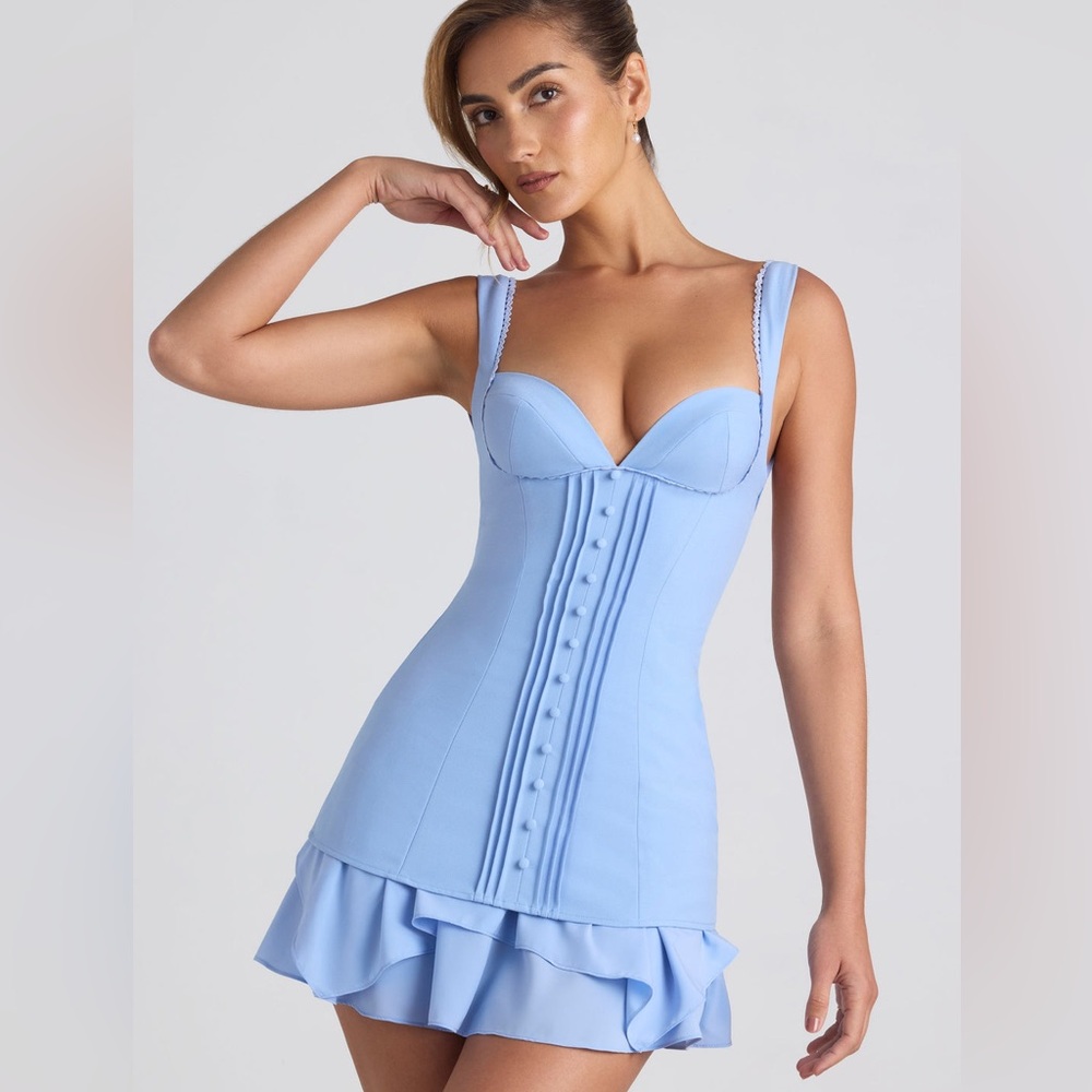 Oh Polly CASSANDRA Ruffle-Trim Button-Detail Corset Mini Dress in Sky Blue